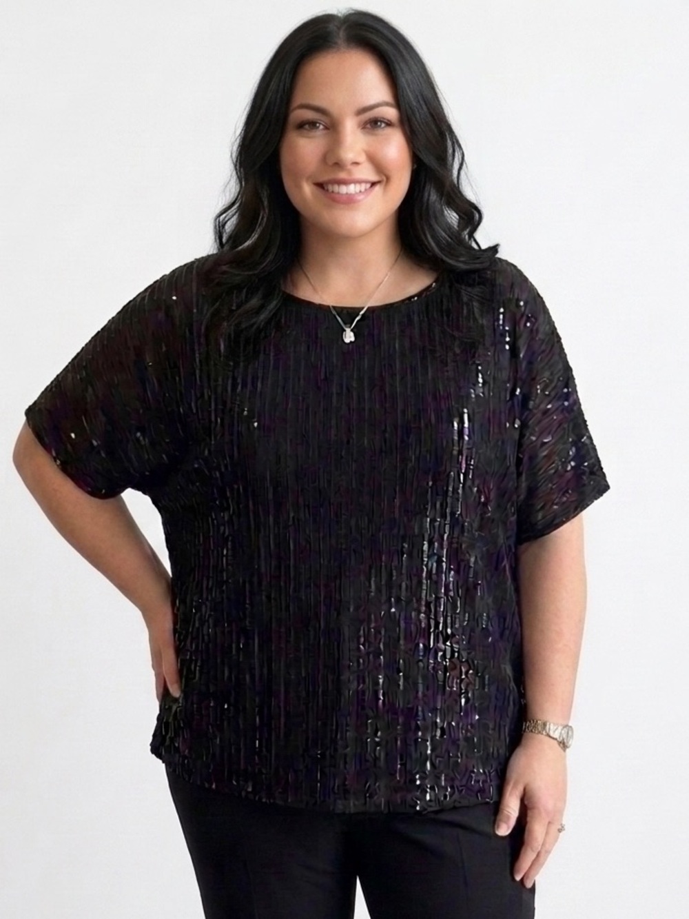 Anne Klein Black Sequined Knit Top